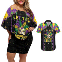 Funny Mardi Gras Couples Matching Off Shoulder Short Dress and Hawaiian Shirt Let The Shenanigans Begin