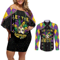 Funny Mardi Gras Couples Matching Off Shoulder Short Dress and Long Sleeve Button Shirt Let The Shenanigans Begin