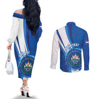 Personalised El Salvador Couples Matching Off The Shoulder Long Sleeve Dress and Long Sleeve Button Shirt Torogoz Bird Salvadoran Pride