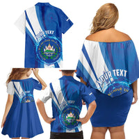 Personalised El Salvador Family Matching Off Shoulder Short Dress and Hawaiian Shirt Torogoz Bird Salvadoran Pride