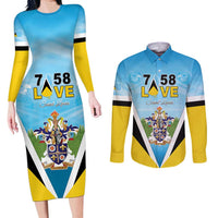 Personalised Saint Lucia 758 Couples Matching Long Sleeve Bodycon Dress and Long Sleeve Button Shirt With Coat Of Arms