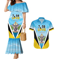 Personalised Saint Lucia 758 Couples Matching Mermaid Dress and Hawaiian Shirt With Coat Of Arms