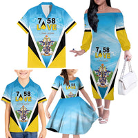 Personalised Saint Lucia 758 Family Matching Off The Shoulder Long Sleeve Dress and Hawaiian Shirt With Coat Of Arms