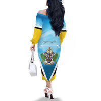 Personalised Saint Lucia 758 Family Matching Off The Shoulder Long Sleeve Dress and Hawaiian Shirt With Coat Of Arms