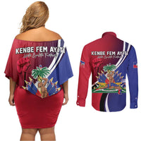 Haiti Strong Couples Matching Off Shoulder Short Dress and Long Sleeve Button Shirt Kenbe Fem Ayiti