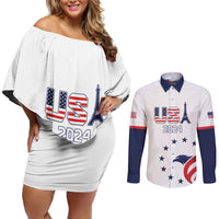 Custom USA 2024 Paris Couples Matching Off Shoulder Short Dress and Long Sleeve Button Shirt United States Sport LT05 - Wonder Print Shop