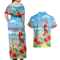 Hawaii Christmas Couples Matching Off Shoulder Maxi Dress and Hawaiian Shirt Funny Macaw Parrot Tropical Vibe LT05 - Wonder Print Shop
