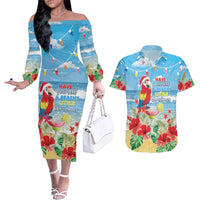Hawaii Christmas Couples Matching Off The Shoulder Long Sleeve Dress and Hawaiian Shirt Funny Macaw Parrot Tropical Vibe LT05 - Wonder Print Shop