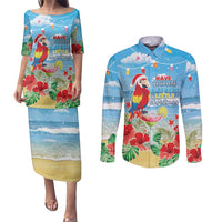 Hawaii Christmas Couples Matching Puletasi and Long Sleeve Button Shirt Funny Macaw Parrot Tropical Vibe LT05 - Wonder Print Shop