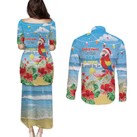 Hawaii Christmas Couples Matching Puletasi and Long Sleeve Button Shirt Funny Macaw Parrot Tropical Vibe LT05 - Wonder Print Shop