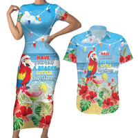 Hawaii Christmas Couples Matching Short Sleeve Bodycon Dress and Hawaiian Shirt Funny Macaw Parrot Tropical Vibe LT05 - Wonder Print Shop