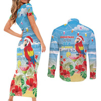 Hawaii Christmas Couples Matching Short Sleeve Bodycon Dress and Long Sleeve Button Shirt Funny Macaw Parrot Tropical Vibe LT05 - Wonder Print Shop