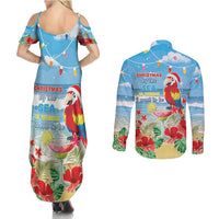 Hawaii Christmas Couples Matching Summer Maxi Dress and Long Sleeve Button Shirt Funny Macaw Parrot Tropical Vibe LT05 - Wonder Print Shop