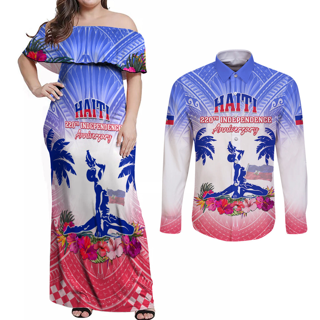 Personalised Haiti Independence Day Couples Matching Off Shoulder Maxi Dress and Long Sleeve Button Shirt Neg Maron Polynesian Style