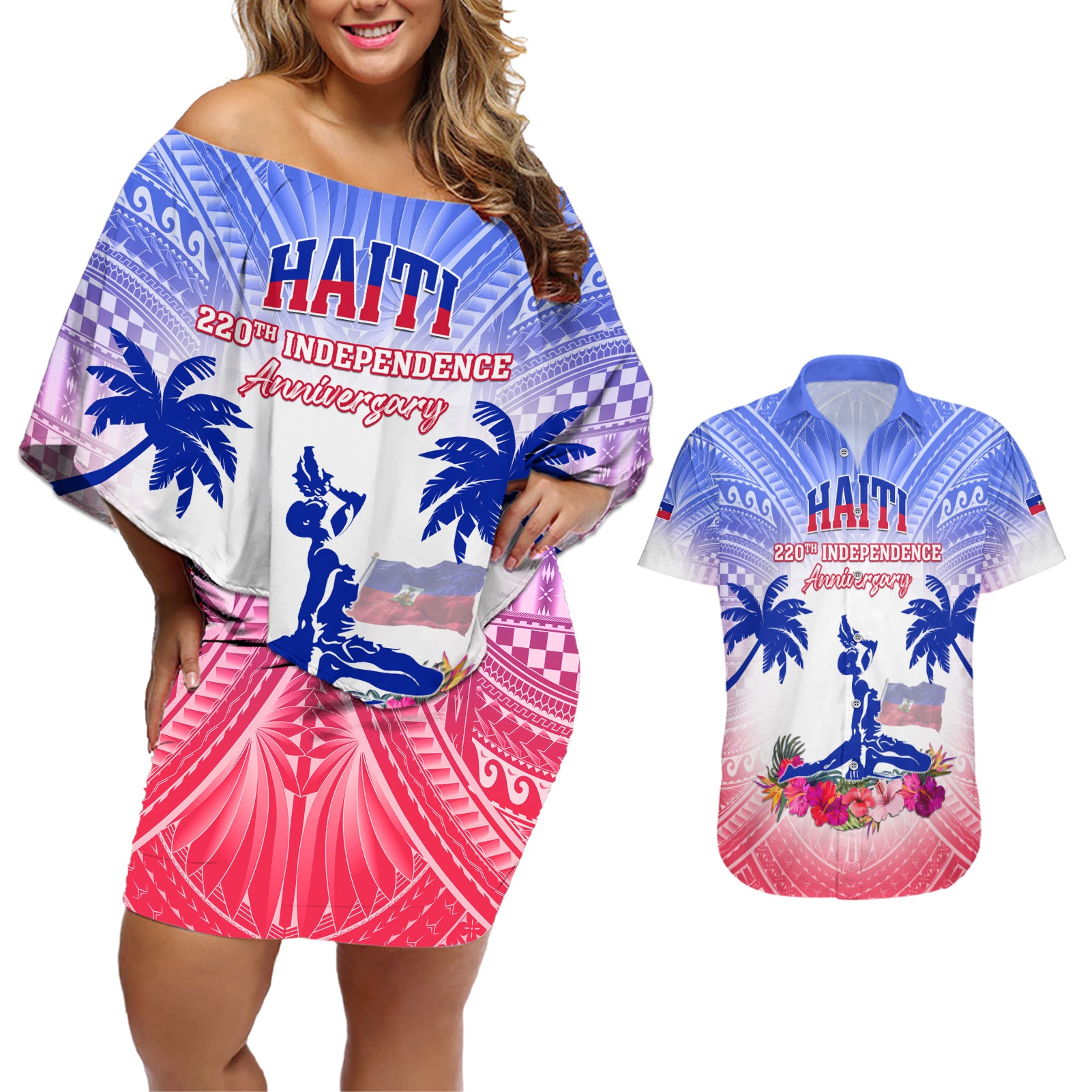 Personalised Haiti Independence Day Couples Matching Off Shoulder Short Dress and Hawaiian Shirt Neg Maron Polynesian Style