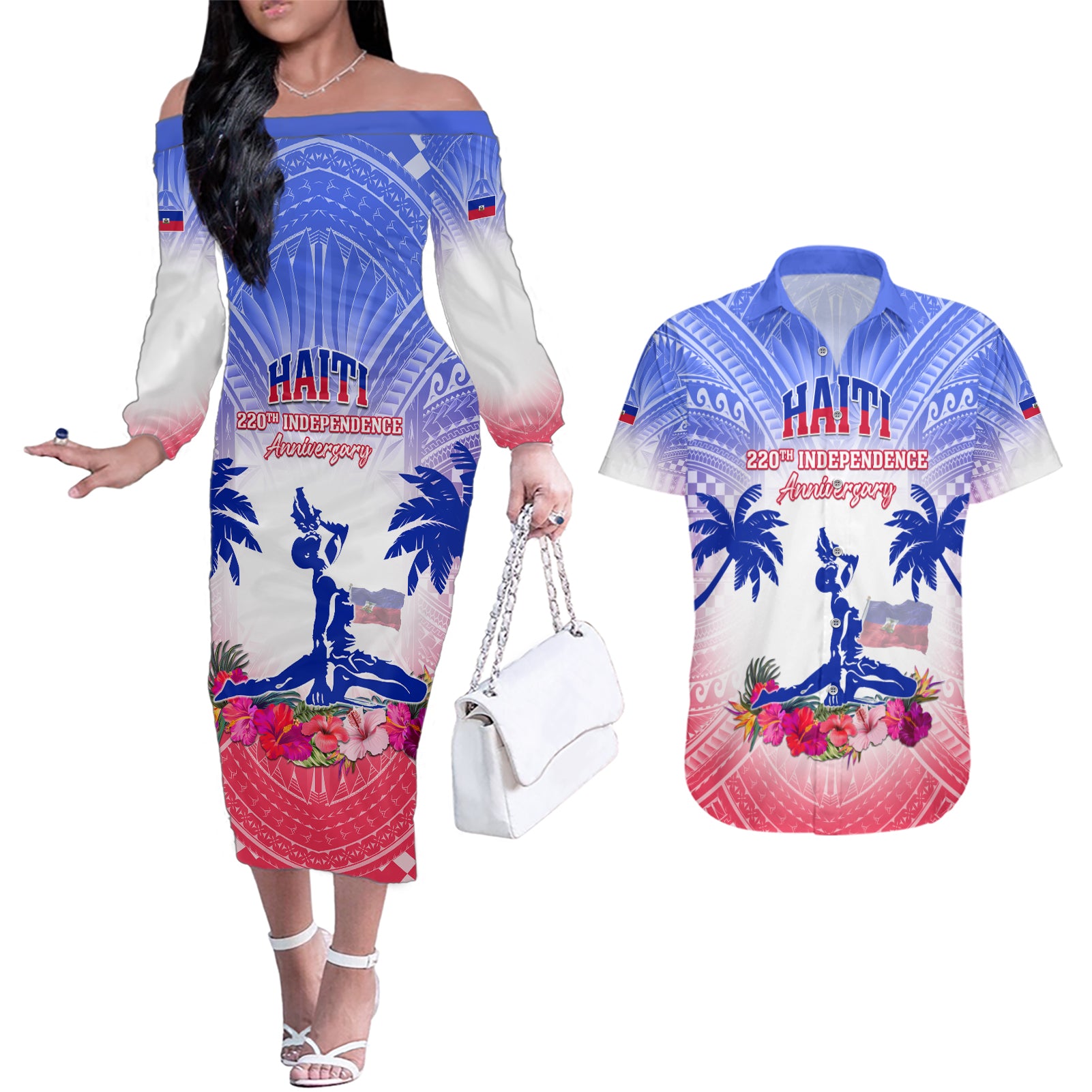 Personalised Haiti Independence Day Couples Matching Off The Shoulder Long Sleeve Dress and Hawaiian Shirt Neg Maron Polynesian Style