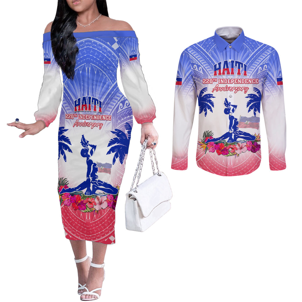 Personalised Haiti Independence Day Couples Matching Off The Shoulder Long Sleeve Dress and Long Sleeve Button Shirt Neg Maron Polynesian Style