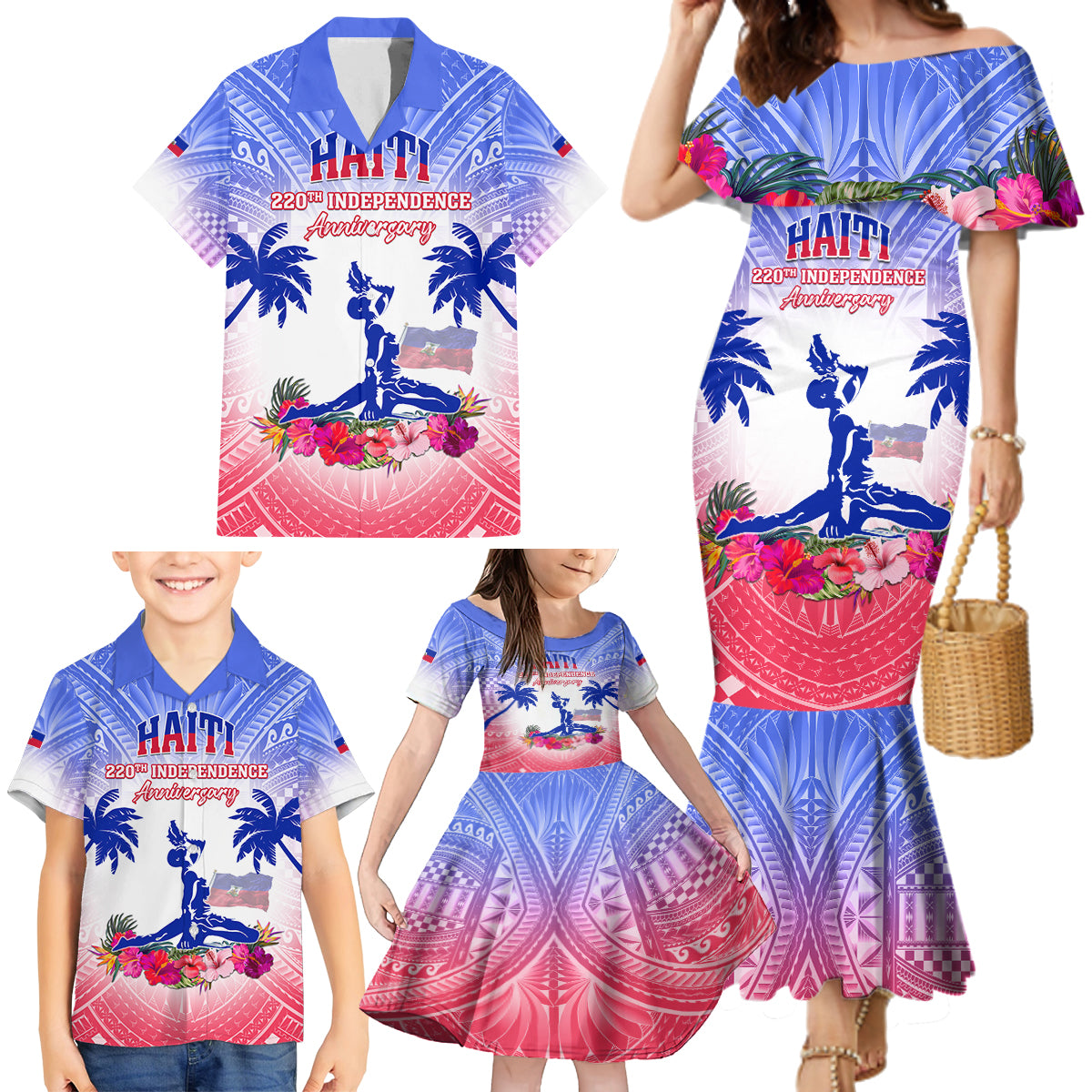 Personalised Haiti Independence Day Family Matching Mermaid Dress and Hawaiian Shirt Neg Maron Polynesian Style