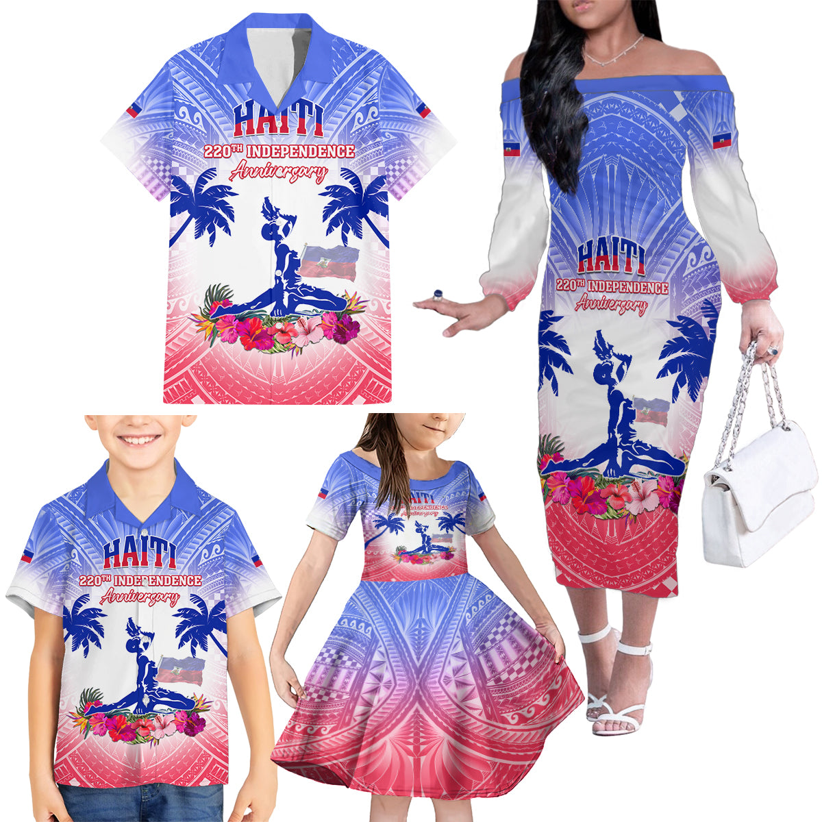 Personalised Haiti Independence Day Family Matching Off The Shoulder Long Sleeve Dress and Hawaiian Shirt Neg Maron Polynesian Style