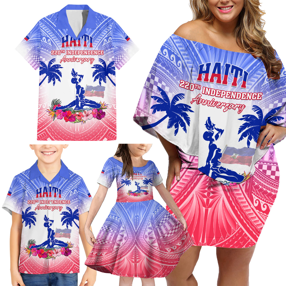 Personalised Haiti Independence Day Family Matching Off Shoulder Short Dress and Hawaiian Shirt Neg Maron Polynesian Style