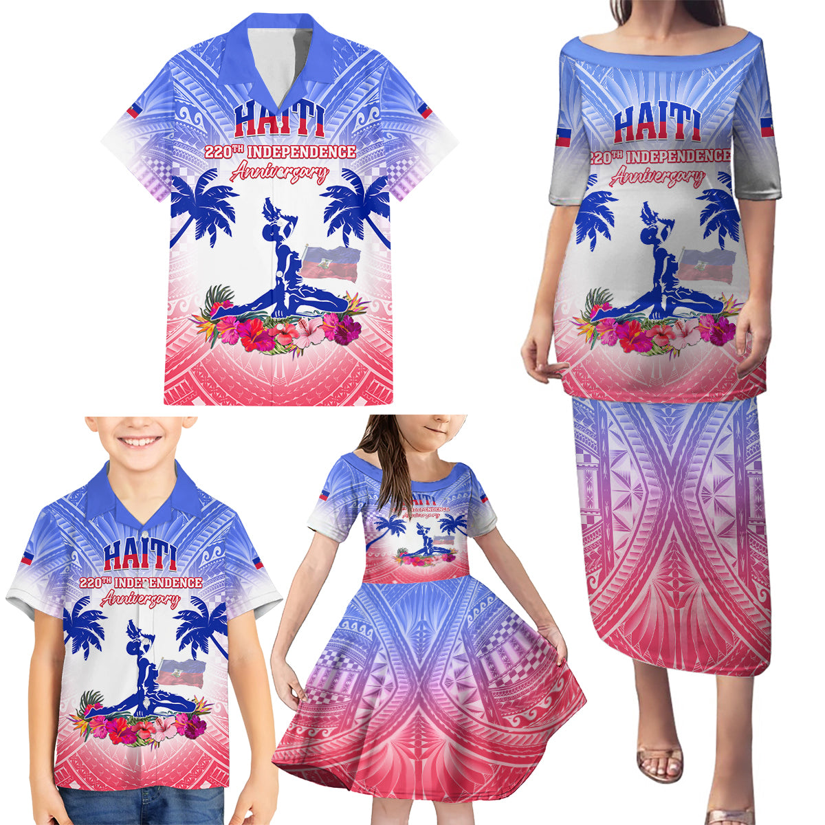 Personalised Haiti Independence Day Family Matching Puletasi and Hawaiian Shirt Neg Maron Polynesian Style