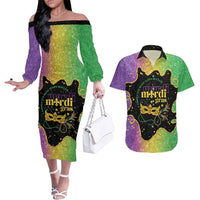 Mardi Gras Couples Matching Off The Shoulder Long Sleeve Dress and Hawaiian Shirt Laissez Les Bons Temps Rouler