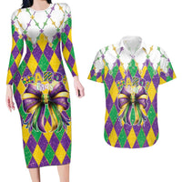 Love Mardi Gras Couples Matching Long Sleeve Bodycon Dress and Hawaiian Shirt Coquette Bow Glitter Style