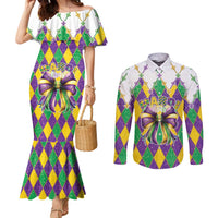 Love Mardi Gras Couples Matching Mermaid Dress and Long Sleeve Button Shirt Coquette Bow Glitter Style