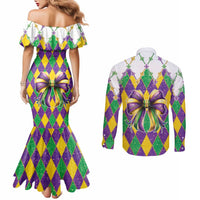 Love Mardi Gras Couples Matching Mermaid Dress and Long Sleeve Button Shirt Coquette Bow Glitter Style