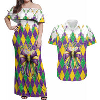 Love Mardi Gras Couples Matching Off Shoulder Maxi Dress and Hawaiian Shirt Coquette Bow Glitter Style
