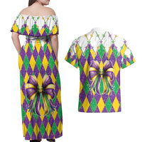 Love Mardi Gras Couples Matching Off Shoulder Maxi Dress and Hawaiian Shirt Coquette Bow Glitter Style