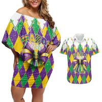 Love Mardi Gras Couples Matching Off Shoulder Short Dress and Hawaiian Shirt Coquette Bow Glitter Style