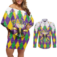 Love Mardi Gras Couples Matching Off Shoulder Short Dress and Long Sleeve Button Shirt Coquette Bow Glitter Style