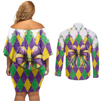Love Mardi Gras Couples Matching Off Shoulder Short Dress and Long Sleeve Button Shirt Coquette Bow Glitter Style
