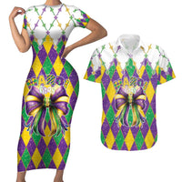 Love Mardi Gras Couples Matching Short Sleeve Bodycon Dress and Hawaiian Shirt Coquette Bow Glitter Style