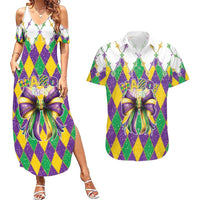 Love Mardi Gras Couples Matching Summer Maxi Dress and Hawaiian Shirt Coquette Bow Glitter Style