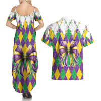 Love Mardi Gras Couples Matching Summer Maxi Dress and Hawaiian Shirt Coquette Bow Glitter Style
