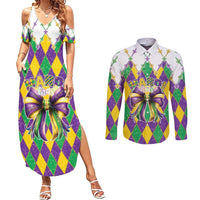 Love Mardi Gras Couples Matching Summer Maxi Dress and Long Sleeve Button Shirt Coquette Bow Glitter Style