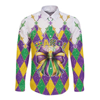 Love Mardi Gras Long Sleeve Button Shirt Coquette Bow Glitter Style