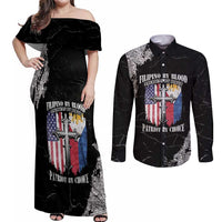 Personalized Philippines And USA Couples Matching Off Shoulder Maxi Dress and Long Sleeve Button Shirt Grunge Style