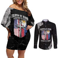 Personalized Philippines And USA Couples Matching Off Shoulder Short Dress and Long Sleeve Button Shirt Grunge Style