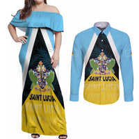 Personalised Saint Lucia Couples Matching Off Shoulder Maxi Dress and Long Sleeve Button Shirt Coat Of Arm With Palm Leaf Pattern