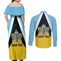 Personalised Saint Lucia Couples Matching Off Shoulder Maxi Dress and Long Sleeve Button Shirt Coat Of Arm With Palm Leaf Pattern
