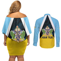 Personalised Saint Lucia Couples Matching Off Shoulder Short Dress and Long Sleeve Button Shirt Coat Of Arm With Palm Leaf Pattern