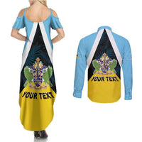 Personalised Saint Lucia Couples Matching Summer Maxi Dress and Long Sleeve Button Shirt Coat Of Arm With Palm Leaf Pattern