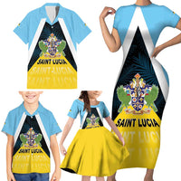 Personalised Saint Lucia Family Matching Short Sleeve Bodycon Dress and Hawaiian Shirt Coat Of Arm With Palm Leaf Pattern