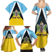 Personalised Saint Lucia Family Matching Summer Maxi Dress and Hawaiian Shirt Coat Of Arm With Palm Leaf Pattern