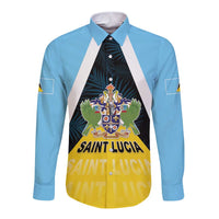 Personalised Saint Lucia Long Sleeve Button Shirt Coat Of Arm With Palm Leaf Pattern