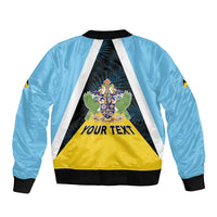 Personalised Saint Lucia Sleeve Zip Bomber Jacket Coat Of Arm With Palm Leaf Pattern