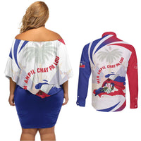 Haiti Couples Matching Off Shoulder Short Dress and Long Sleeve Button Shirt Men Anpil Chay Pa Lou LT05